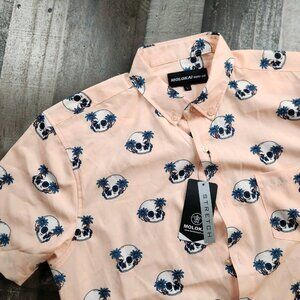 Mens Molokai Surf size L Large Short Sleeve Shirt Palm Trees‎ Skulls